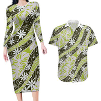 Olive Tahiti Tiare Monstera Couples Matching Long Sleeve Bodycon Dress and Hawaiian Shirt Polynesian Pattern Curve Style LT01 Olive - Polynesian Pride