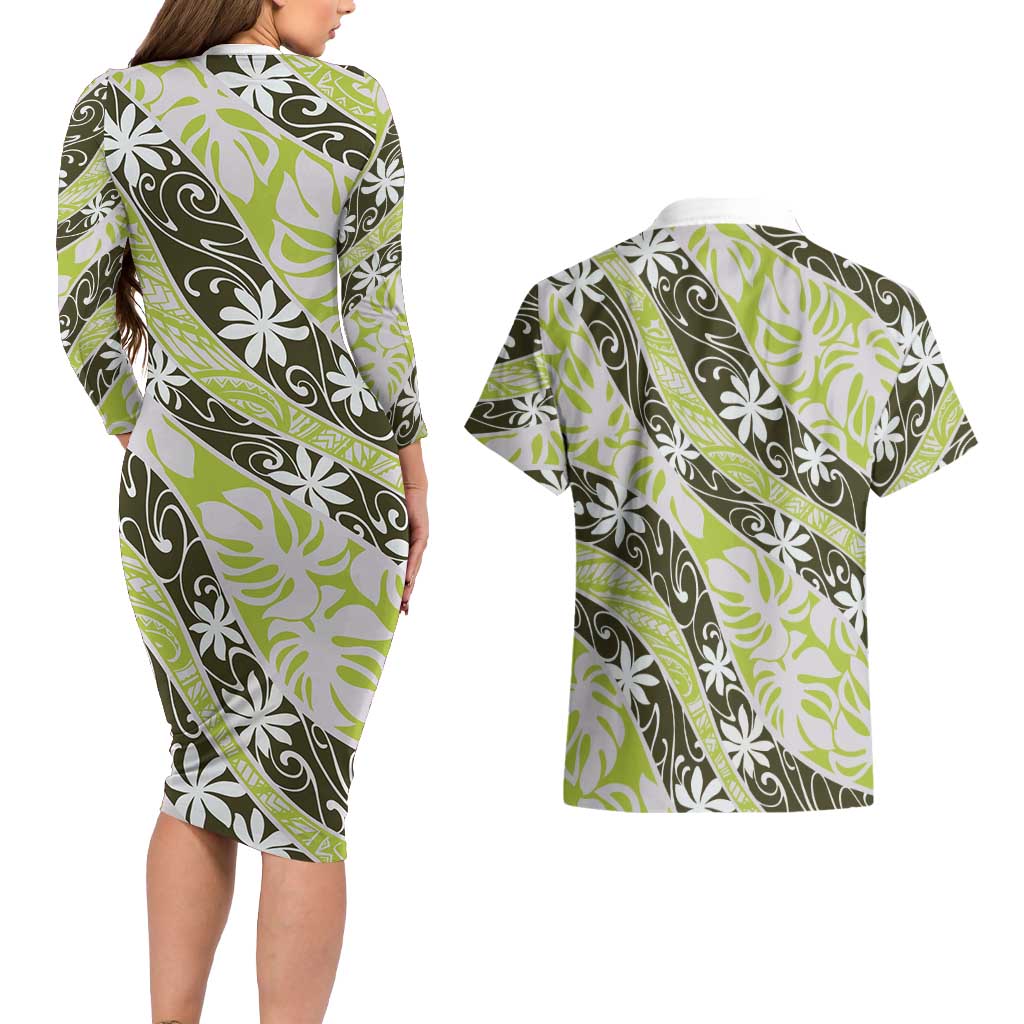 Olive Tahiti Tiare Monstera Couples Matching Long Sleeve Bodycon Dress and Hawaiian Shirt Polynesian Pattern Curve Style LT01 - Polynesian Pride