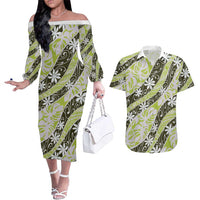 Olive Tahiti Tiare Monstera Couples Matching Off The Shoulder Long Sleeve Dress and Hawaiian Shirt Polynesian Pattern Curve Style LT01 Olive - Polynesian Pride