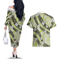 Olive Tahiti Tiare Monstera Couples Matching Off The Shoulder Long Sleeve Dress and Hawaiian Shirt Polynesian Pattern Curve Style LT01 - Polynesian Pride
