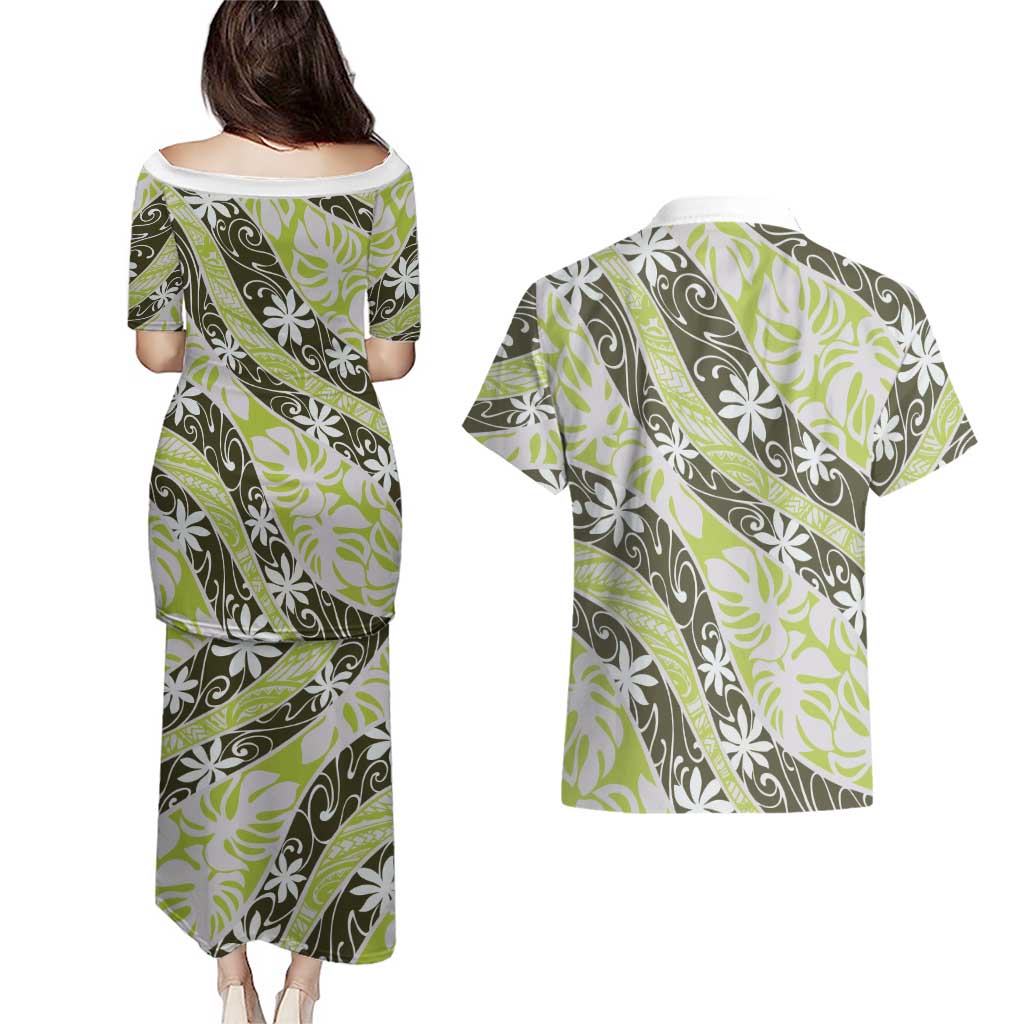 Olive Tahiti Tiare Monstera Couples Matching Puletasi and Hawaiian Shirt Polynesian Pattern Curve Style - Polynesian Pride