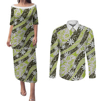 Olive Tahiti Tiare Monstera Couples Matching Puletasi and Long Sleeve Button Shirt Polynesian Pattern Curve Style - Polynesian Pride