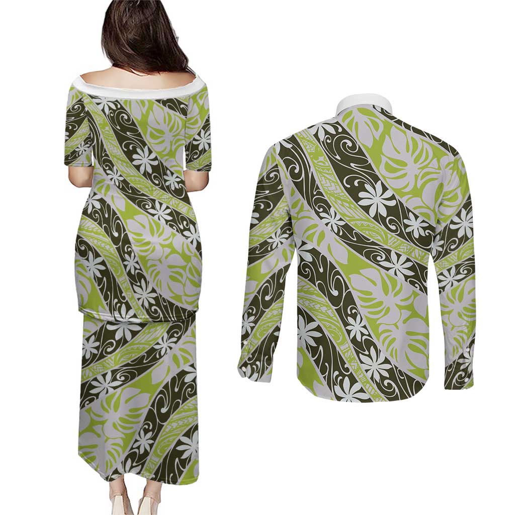 Olive Tahiti Tiare Monstera Couples Matching Puletasi and Long Sleeve Button Shirt Polynesian Pattern Curve Style - Polynesian Pride