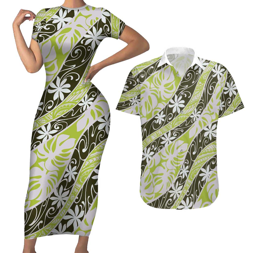Olive Tahiti Tiare Monstera Couples Matching Short Sleeve Bodycon Dress and Hawaiian Shirt Polynesian Pattern Curve Style LT01 Olive - Polynesian Pride