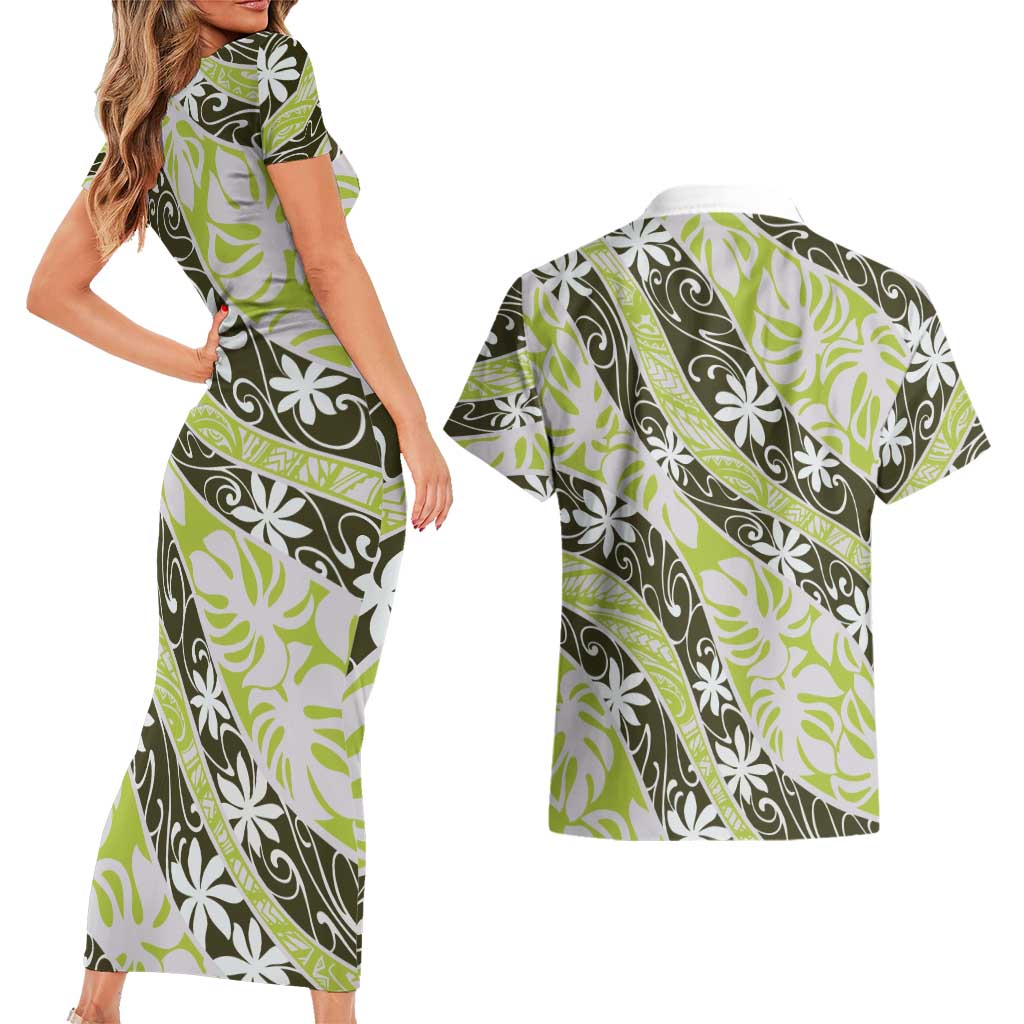 Olive Tahiti Tiare Monstera Couples Matching Short Sleeve Bodycon Dress and Hawaiian Shirt Polynesian Pattern Curve Style LT01 - Polynesian Pride