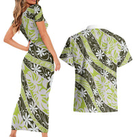 Olive Tahiti Tiare Monstera Couples Matching Short Sleeve Bodycon Dress and Hawaiian Shirt Polynesian Pattern Curve Style LT01 - Polynesian Pride