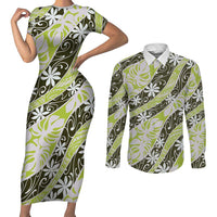 Olive Tahiti Tiare Monstera Couples Matching Short Sleeve Bodycon Dress and Long Sleeve Button Shirt Polynesian Pattern Curve Style - Polynesian Pride