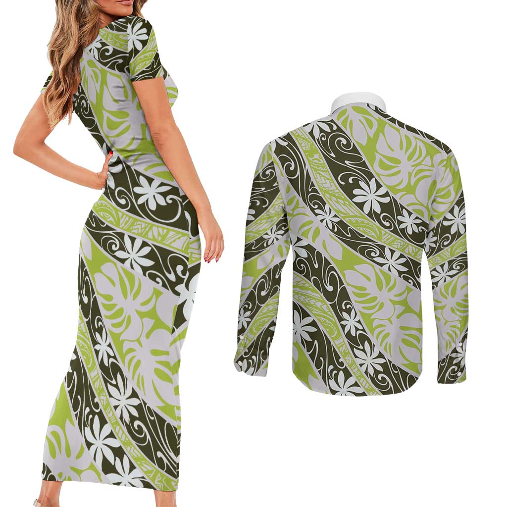 Olive Tahiti Tiare Monstera Couples Matching Short Sleeve Bodycon Dress and Long Sleeve Button Shirt Polynesian Pattern Curve Style - Polynesian Pride