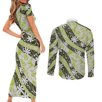 Olive Tahiti Tiare Monstera Couples Matching Short Sleeve Bodycon Dress and Long Sleeve Button Shirt Polynesian Pattern Curve Style - Polynesian Pride