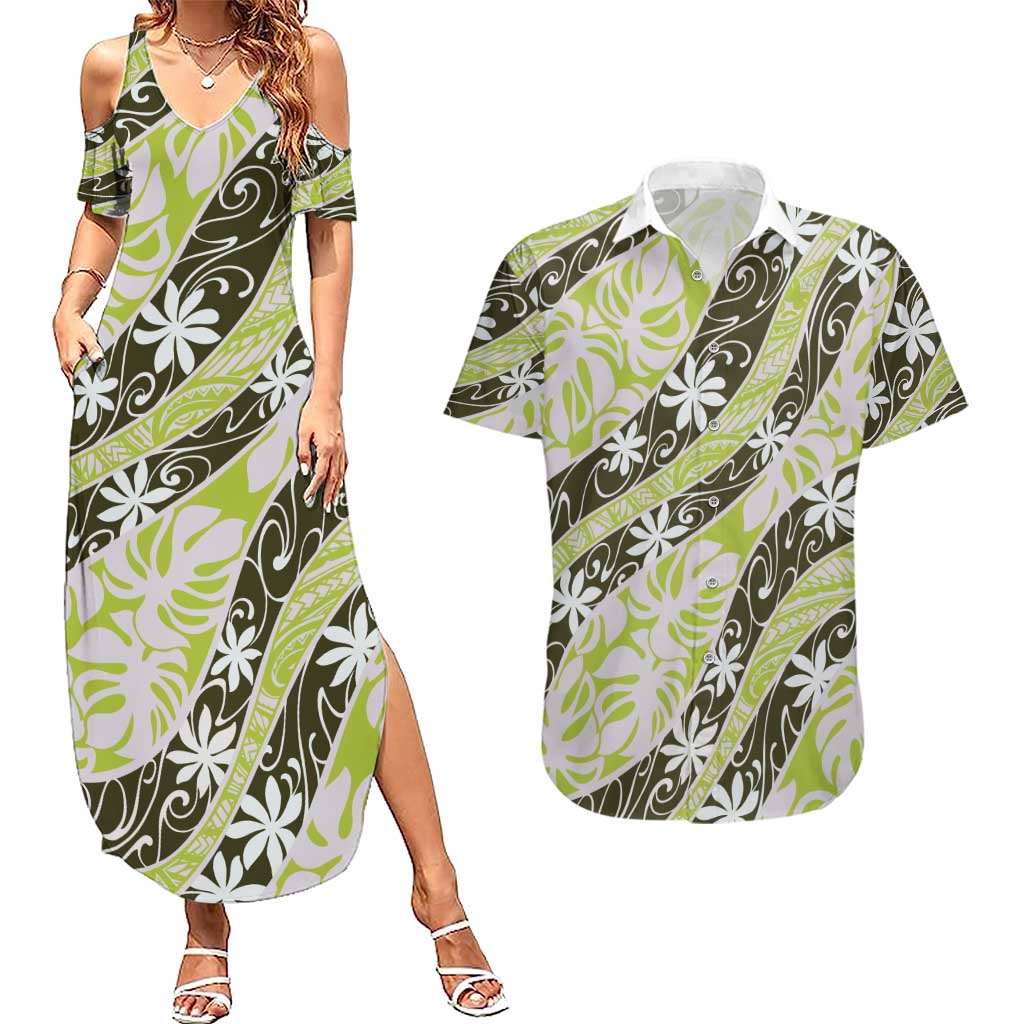 Olive Tahiti Tiare Monstera Couples Matching Summer Maxi Dress and Hawaiian Shirt Polynesian Pattern Curve Style LT01 Olive - Polynesian Pride