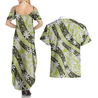 Olive Tahiti Tiare Monstera Couples Matching Summer Maxi Dress and Hawaiian Shirt Polynesian Pattern Curve Style LT01 - Polynesian Pride