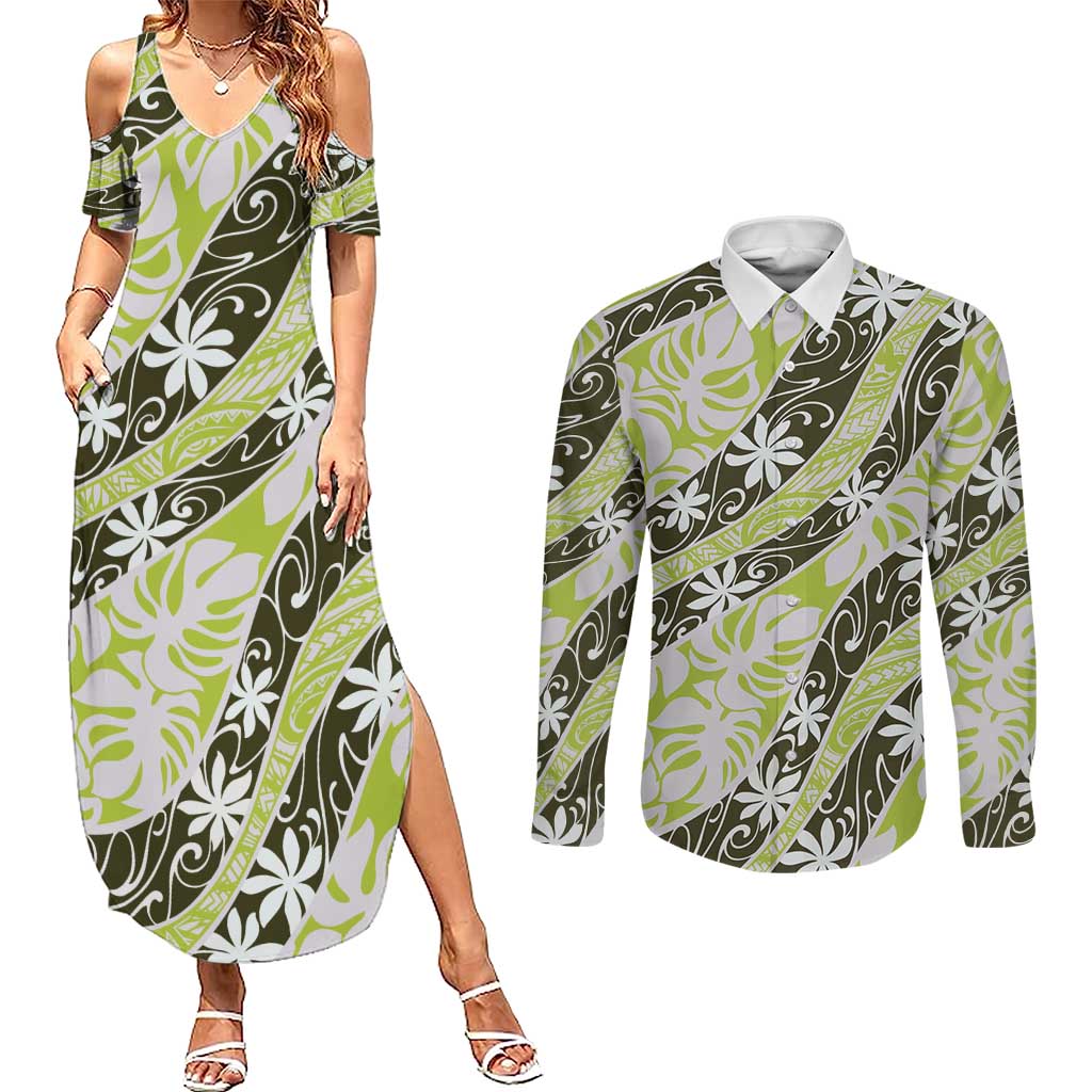 Olive Tahiti Tiare Monstera Couples Matching Summer Maxi Dress and Long Sleeve Button Shirt Polynesian Pattern Curve Style LT01 Olive - Polynesian Pride