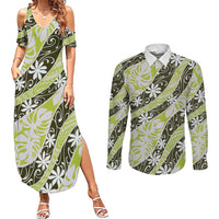Olive Tahiti Tiare Monstera Couples Matching Summer Maxi Dress and Long Sleeve Button Shirt Polynesian Pattern Curve Style LT01 Olive - Polynesian Pride