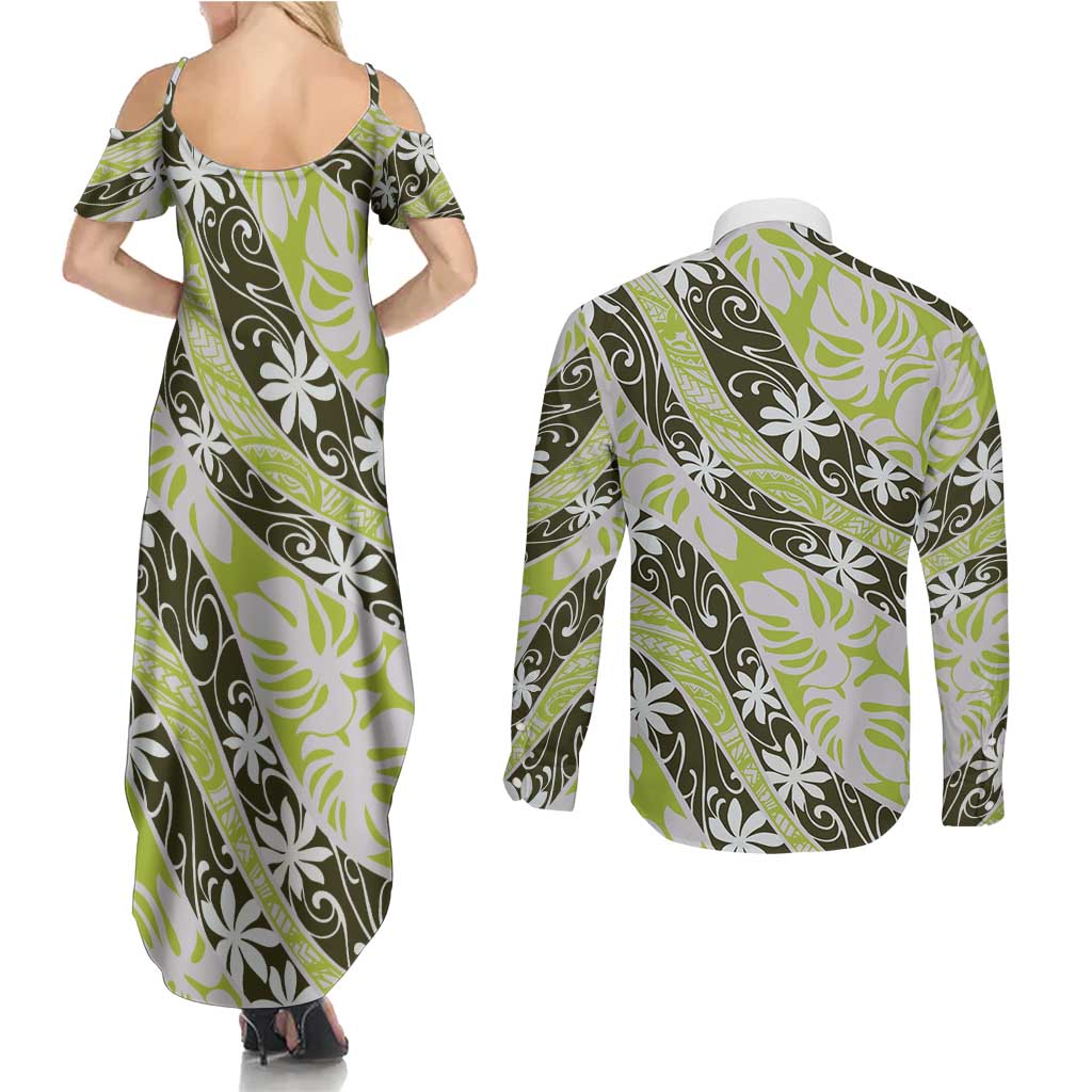 Olive Tahiti Tiare Monstera Couples Matching Summer Maxi Dress and Long Sleeve Button Shirt Polynesian Pattern Curve Style LT01 - Polynesian Pride