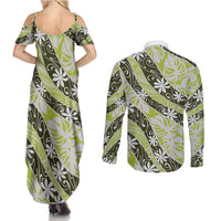 Olive Tahiti Tiare Monstera Couples Matching Summer Maxi Dress and Long Sleeve Button Shirt Polynesian Pattern Curve Style LT01 - Polynesian Pride