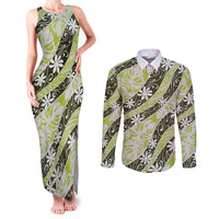 Olive Tahiti Tiare Monstera Couples Matching Tank Maxi Dress and Long Sleeve Button Shirt Polynesian Pattern Curve Style LT01 Olive - Polynesian Pride