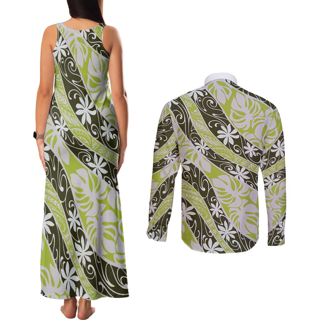 Olive Tahiti Tiare Monstera Couples Matching Tank Maxi Dress and Long Sleeve Button Shirt Polynesian Pattern Curve Style LT01 - Polynesian Pride