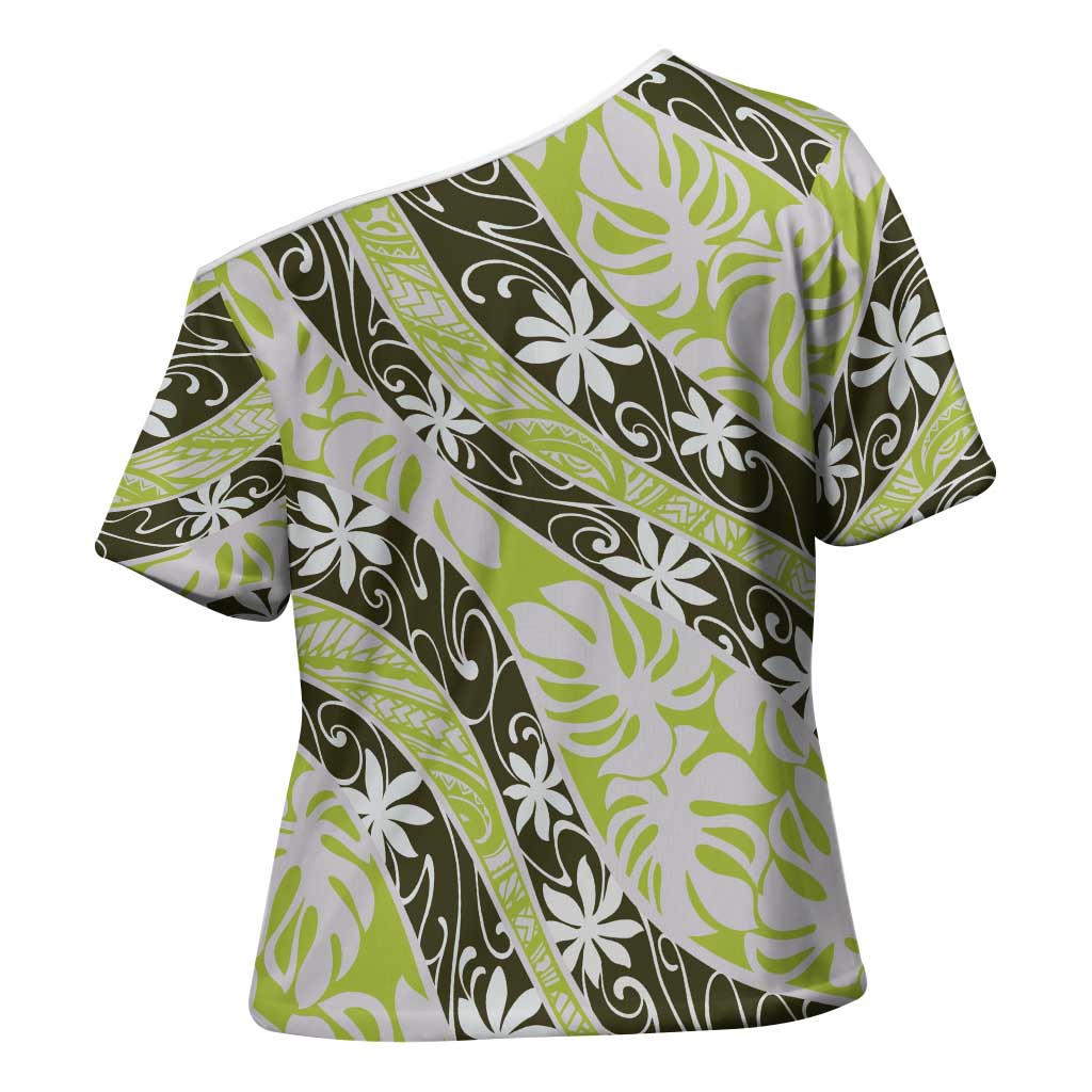 Olive Tahiti Tiare Monstera Cross Shoulder Shirt Polynesian Pattern Curve Style - Polynesian Pride