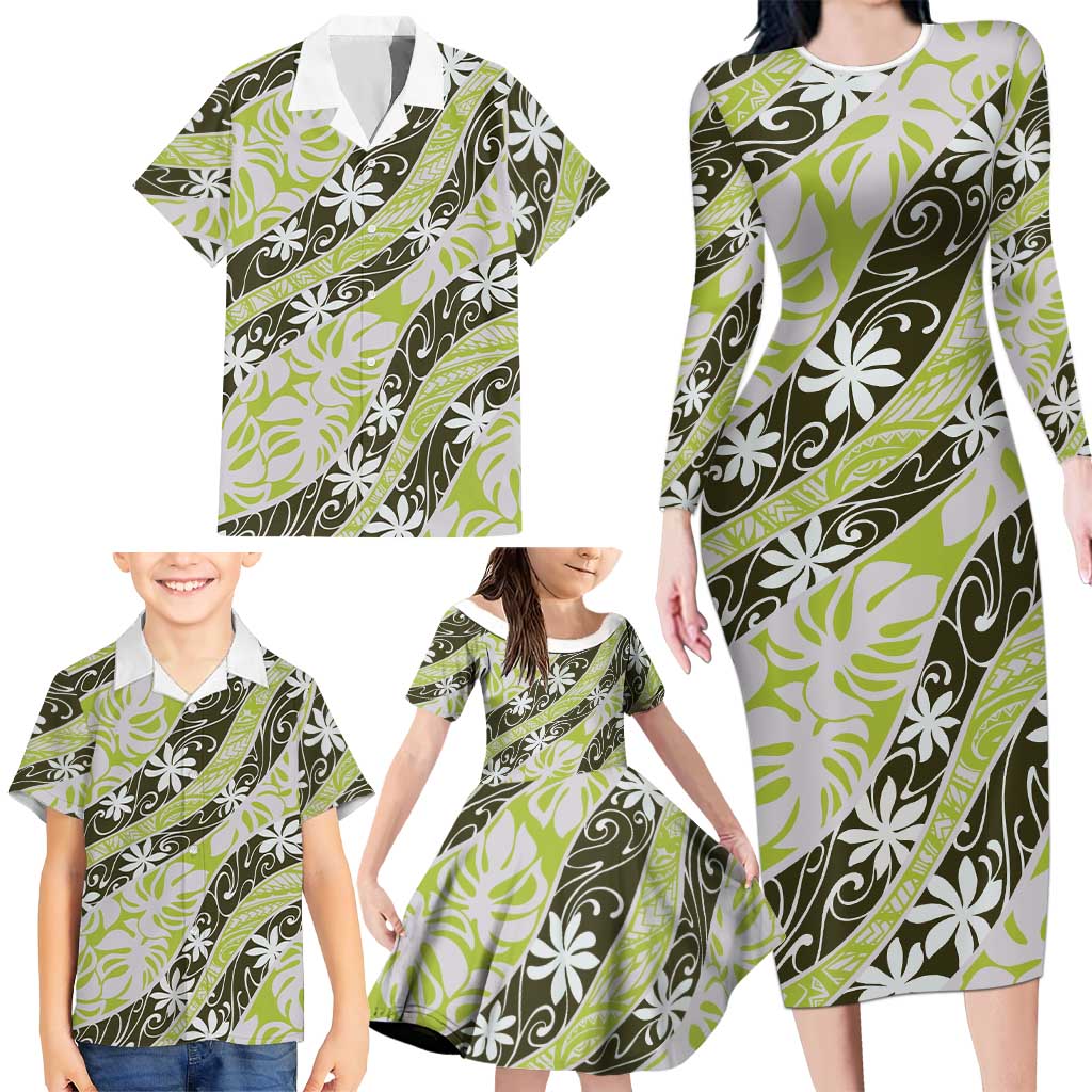 Olive Tahiti Tiare Monstera Family Matching Long Sleeve Bodycon Dress and Hawaiian Shirt Polynesian Pattern Curve Style - Polynesian Pride