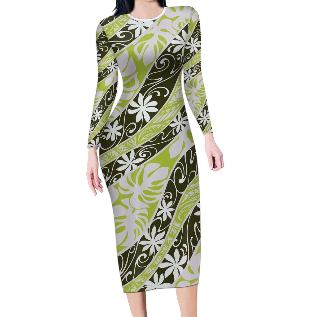 Olive Tahiti Tiare Monstera Family Matching Long Sleeve Bodycon Dress and Hawaiian Shirt Polynesian Pattern Curve Style LT01 Mom's Dress Olive - Polynesian Pride