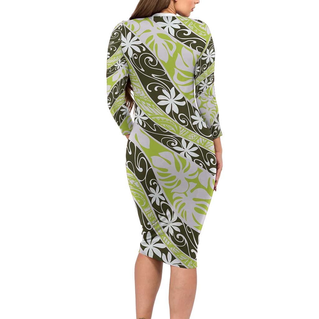 Olive Tahiti Tiare Monstera Family Matching Long Sleeve Bodycon Dress and Hawaiian Shirt Polynesian Pattern Curve Style LT01 - Polynesian Pride