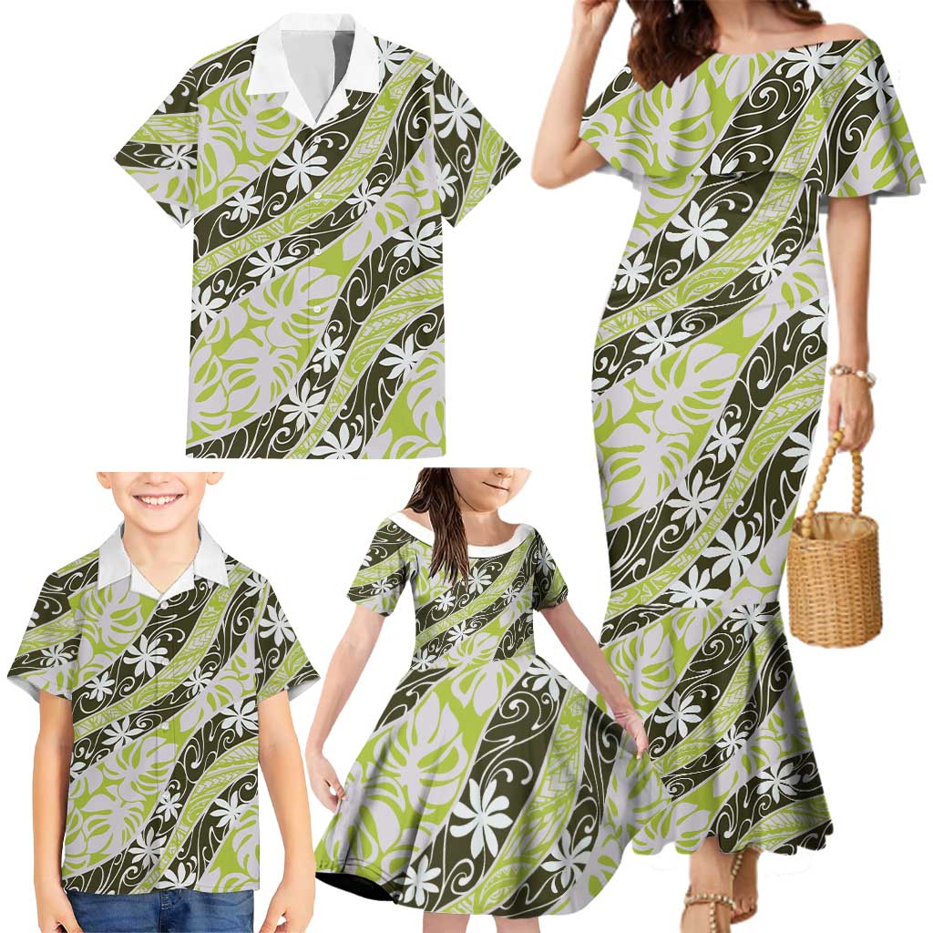 Olive Tahiti Tiare Monstera Family Matching Mermaid Dress and Hawaiian Shirt Polynesian Pattern Curve Style LT01 - Polynesian Pride