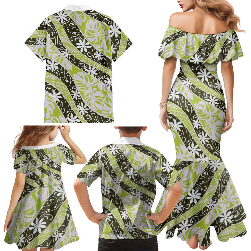 Olive Tahiti Tiare Monstera Family Matching Mermaid Dress and Hawaiian Shirt Polynesian Pattern Curve Style LT01 - Polynesian Pride