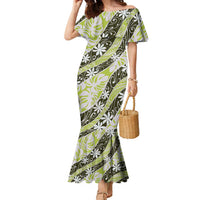 Olive Tahiti Tiare Monstera Family Matching Mermaid Dress and Hawaiian Shirt Polynesian Pattern Curve Style LT01 Mom's Dress Olive - Polynesian Pride