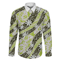Olive Tahiti Tiare Monstera Family Matching Off The Shoulder Long Sleeve Dress and Hawaiian Shirt Polynesian Pattern Curve Style LT01 Dad's Shirt - Long Sleeve Olive - Polynesian Pride