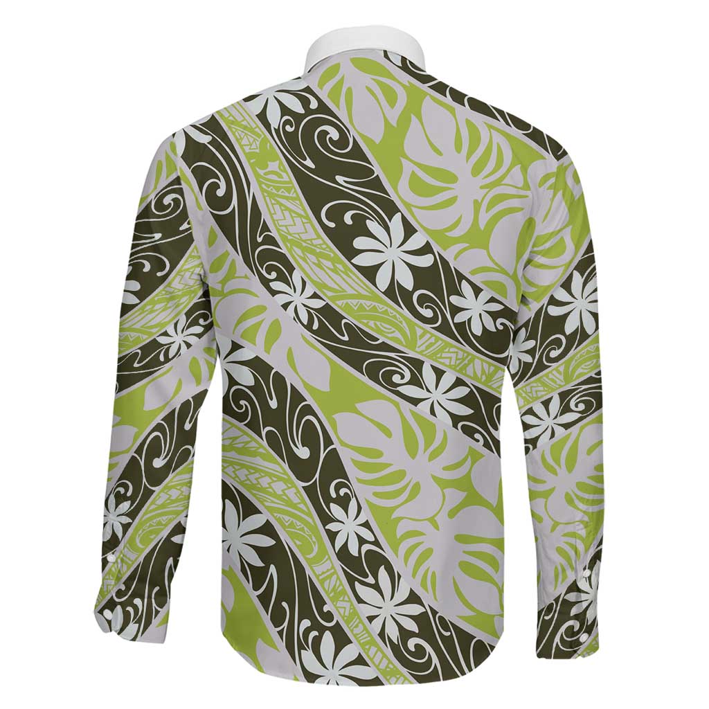 Olive Tahiti Tiare Monstera Family Matching Off The Shoulder Long Sleeve Dress and Hawaiian Shirt Polynesian Pattern Curve Style LT01 - Polynesian Pride