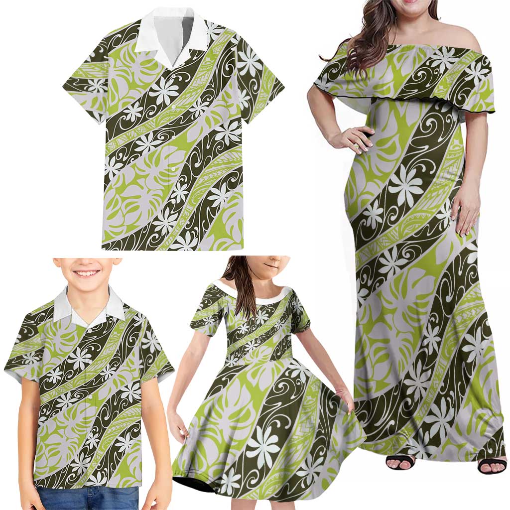 Olive Tahiti Tiare Monstera Family Matching Off Shoulder Maxi Dress and Hawaiian Shirt Polynesian Pattern Curve Style - Polynesian Pride