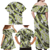 Olive Tahiti Tiare Monstera Family Matching Off Shoulder Maxi Dress and Hawaiian Shirt Polynesian Pattern Curve Style LT01 - Polynesian Pride