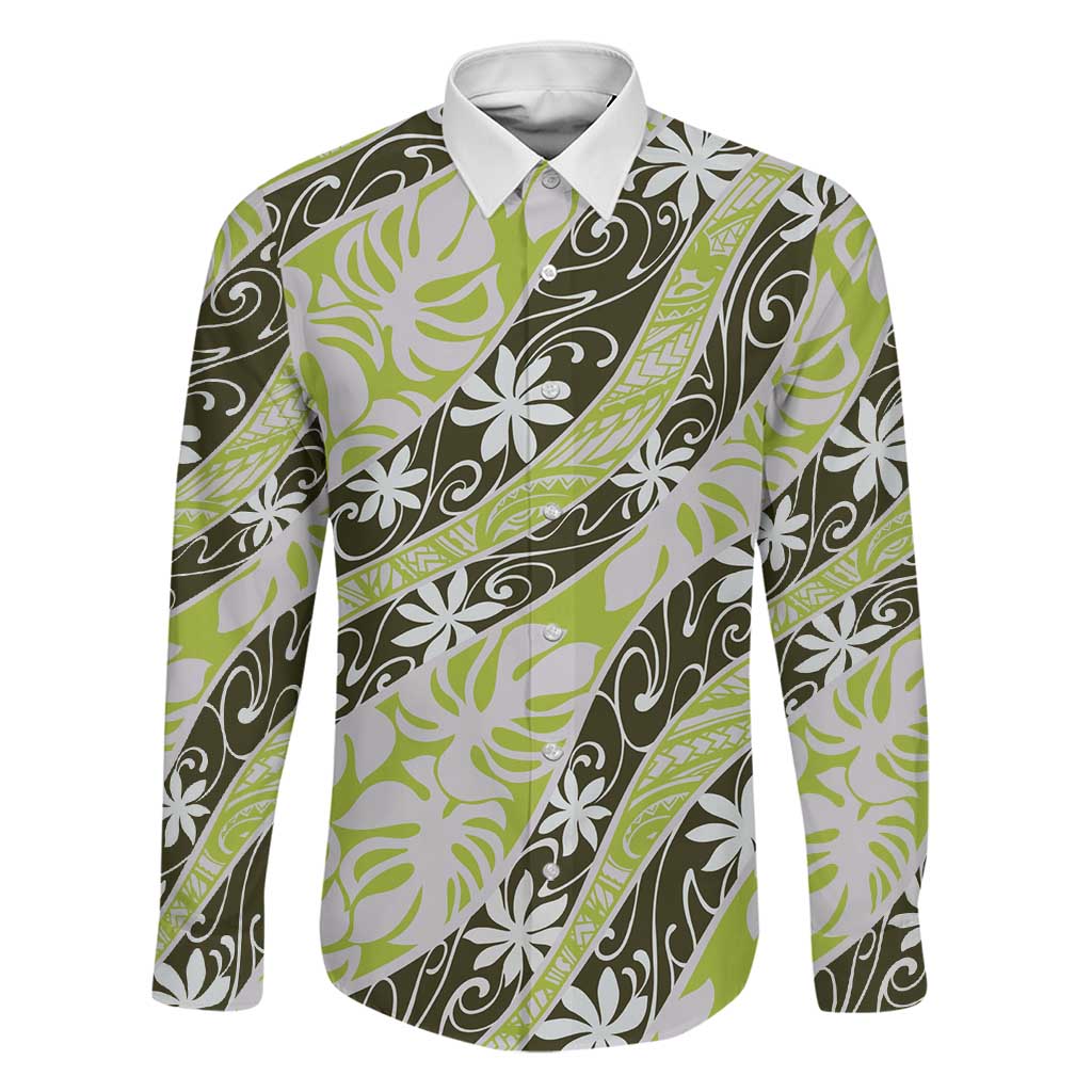 Olive Tahiti Tiare Monstera Family Matching Off Shoulder Maxi Dress and Hawaiian Shirt Polynesian Pattern Curve Style LT01 Dad's Shirt - Long Sleeve Olive - Polynesian Pride