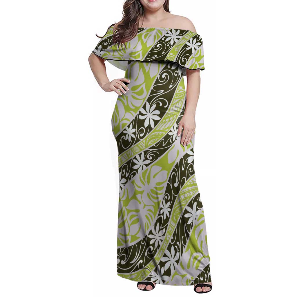 Olive Tahiti Tiare Monstera Family Matching Off Shoulder Maxi Dress and Hawaiian Shirt Polynesian Pattern Curve Style LT01 Mom's Dress Olive - Polynesian Pride