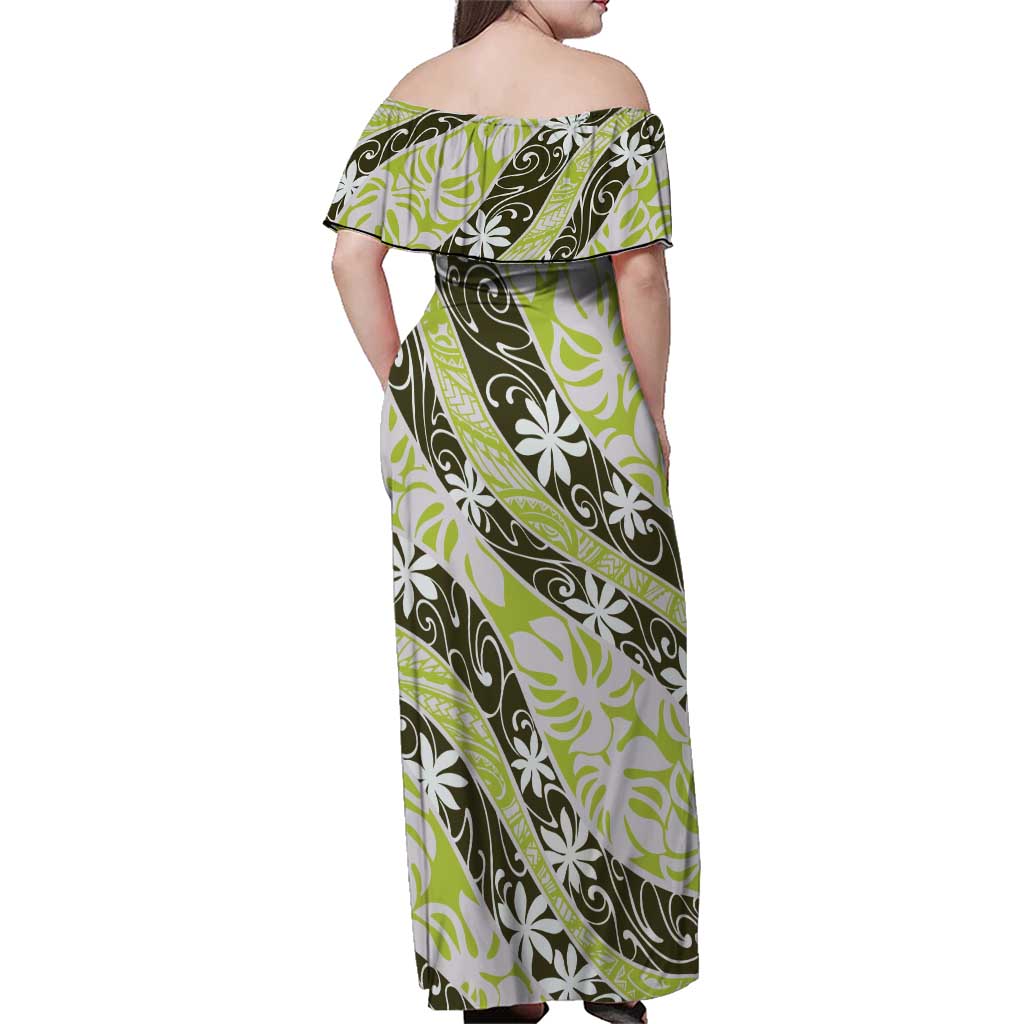 Olive Tahiti Tiare Monstera Family Matching Off Shoulder Maxi Dress and Hawaiian Shirt Polynesian Pattern Curve Style LT01 - Polynesian Pride