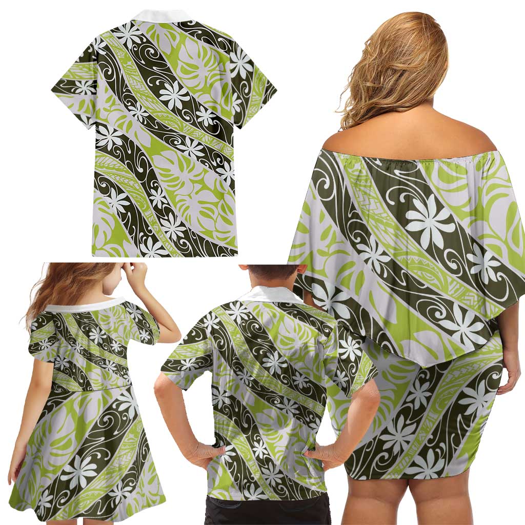 Olive Tahiti Tiare Monstera Family Matching Off Shoulder Short Dress and Hawaiian Shirt Polynesian Pattern Curve Style LT01 - Polynesian Pride