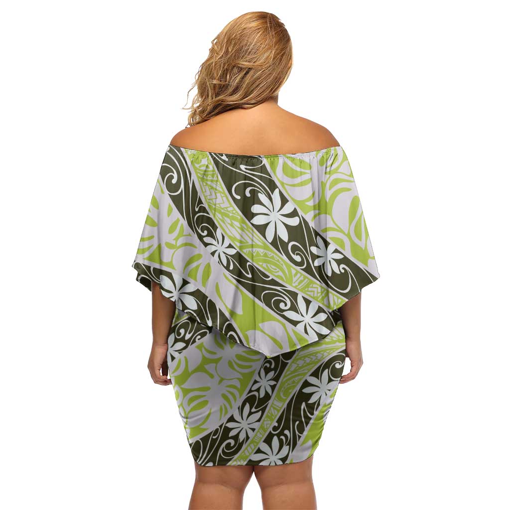 Olive Tahiti Tiare Monstera Family Matching Off Shoulder Short Dress and Hawaiian Shirt Polynesian Pattern Curve Style LT01 - Polynesian Pride