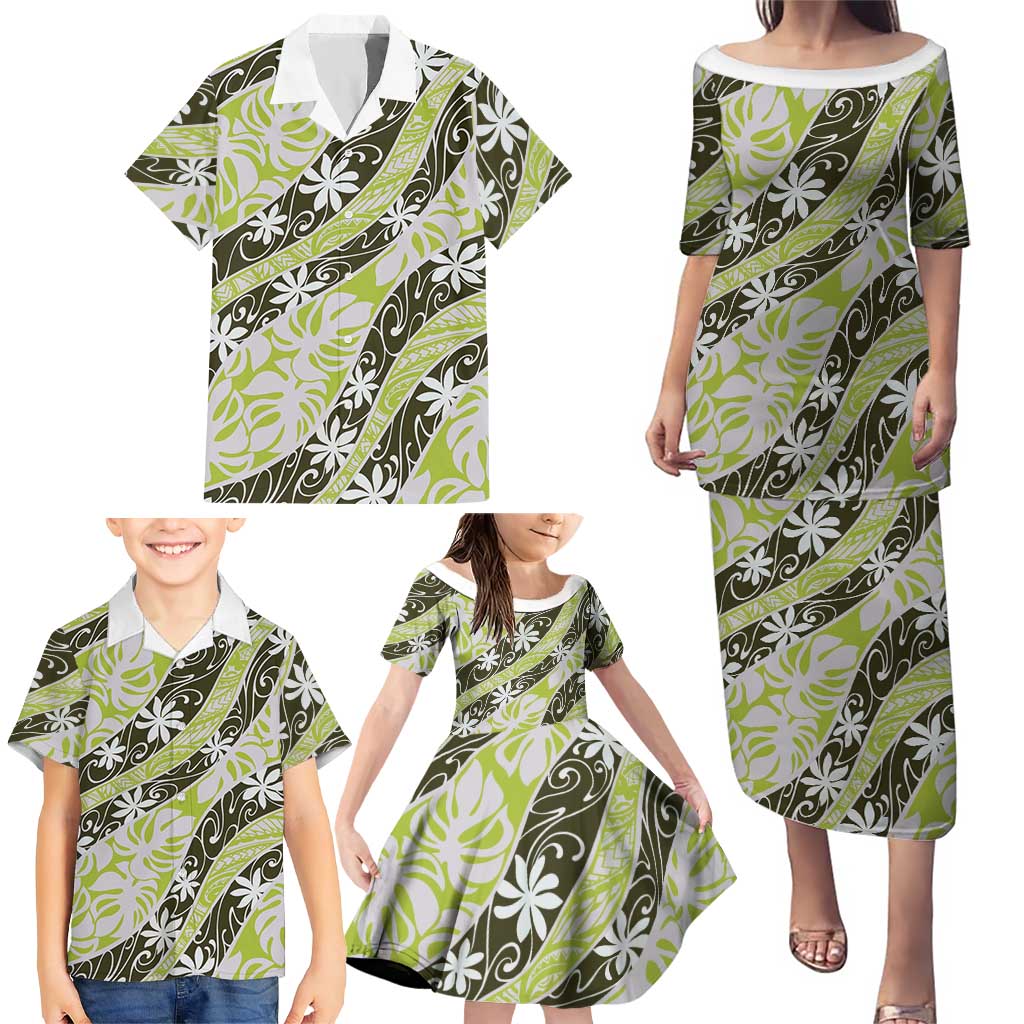 Olive Tahiti Tiare Monstera Family Matching Puletasi and Hawaiian Shirt Polynesian Pattern Curve Style LT01 - Polynesian Pride