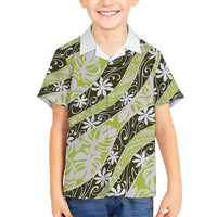 Olive Tahiti Tiare Monstera Family Matching Puletasi and Hawaiian Shirt Polynesian Pattern Curve Style LT01 Son's Shirt Olive - Polynesian Pride
