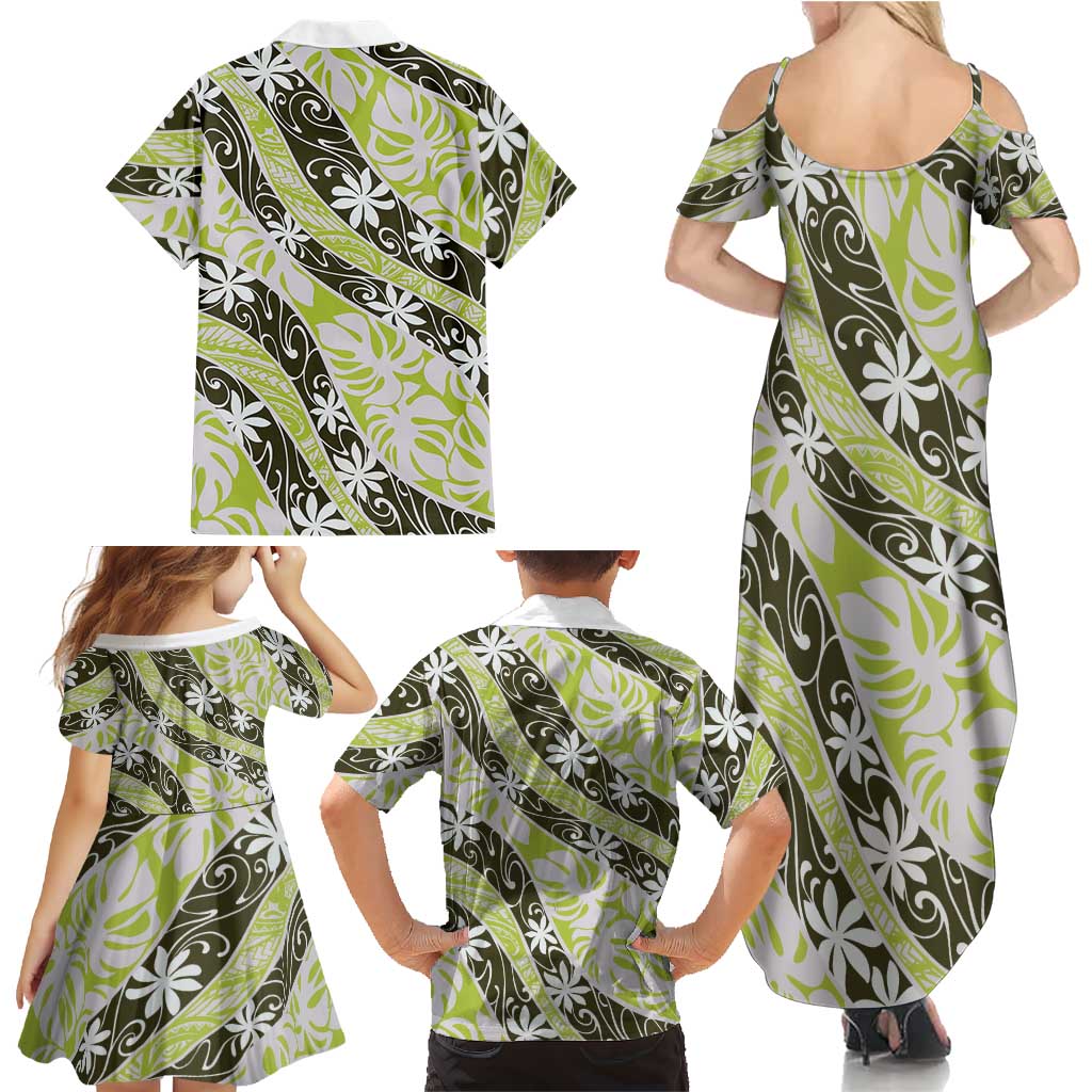 Olive Tahiti Tiare Monstera Family Matching Summer Maxi Dress and Hawaiian Shirt Polynesian Pattern Curve Style LT01 - Polynesian Pride