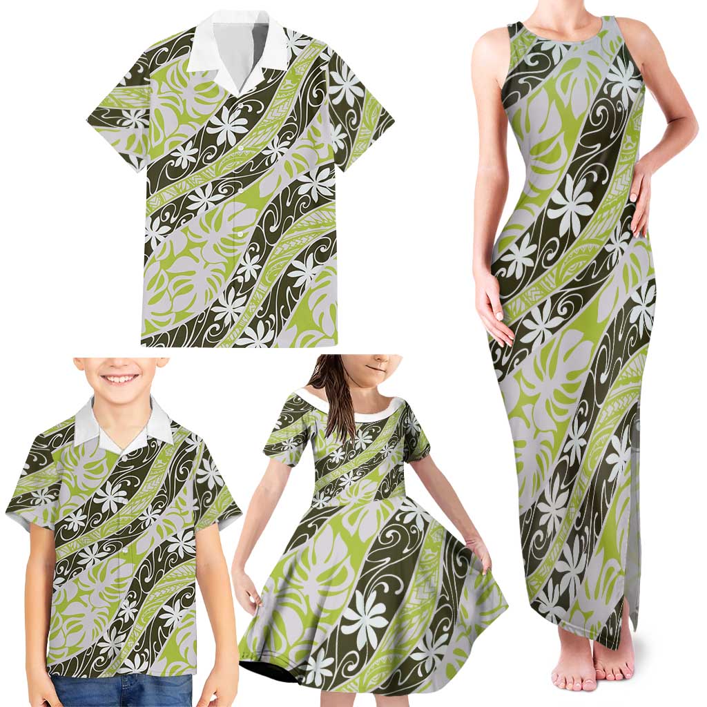 Olive Tahiti Tiare Monstera Family Matching Tank Maxi Dress and Hawaiian Shirt Polynesian Pattern Curve Style LT01 - Polynesian Pride