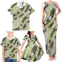 Olive Tahiti Tiare Monstera Family Matching Tank Maxi Dress and Hawaiian Shirt Polynesian Pattern Curve Style LT01 - Polynesian Pride