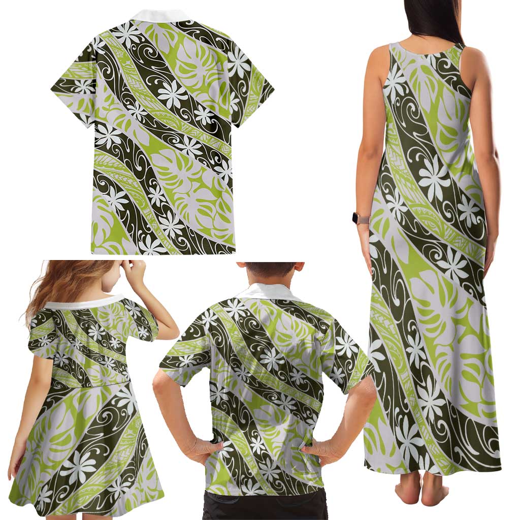 Olive Tahiti Tiare Monstera Family Matching Tank Maxi Dress and Hawaiian Shirt Polynesian Pattern Curve Style LT01 - Polynesian Pride