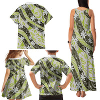 Olive Tahiti Tiare Monstera Family Matching Tank Maxi Dress and Hawaiian Shirt Polynesian Pattern Curve Style LT01 - Polynesian Pride