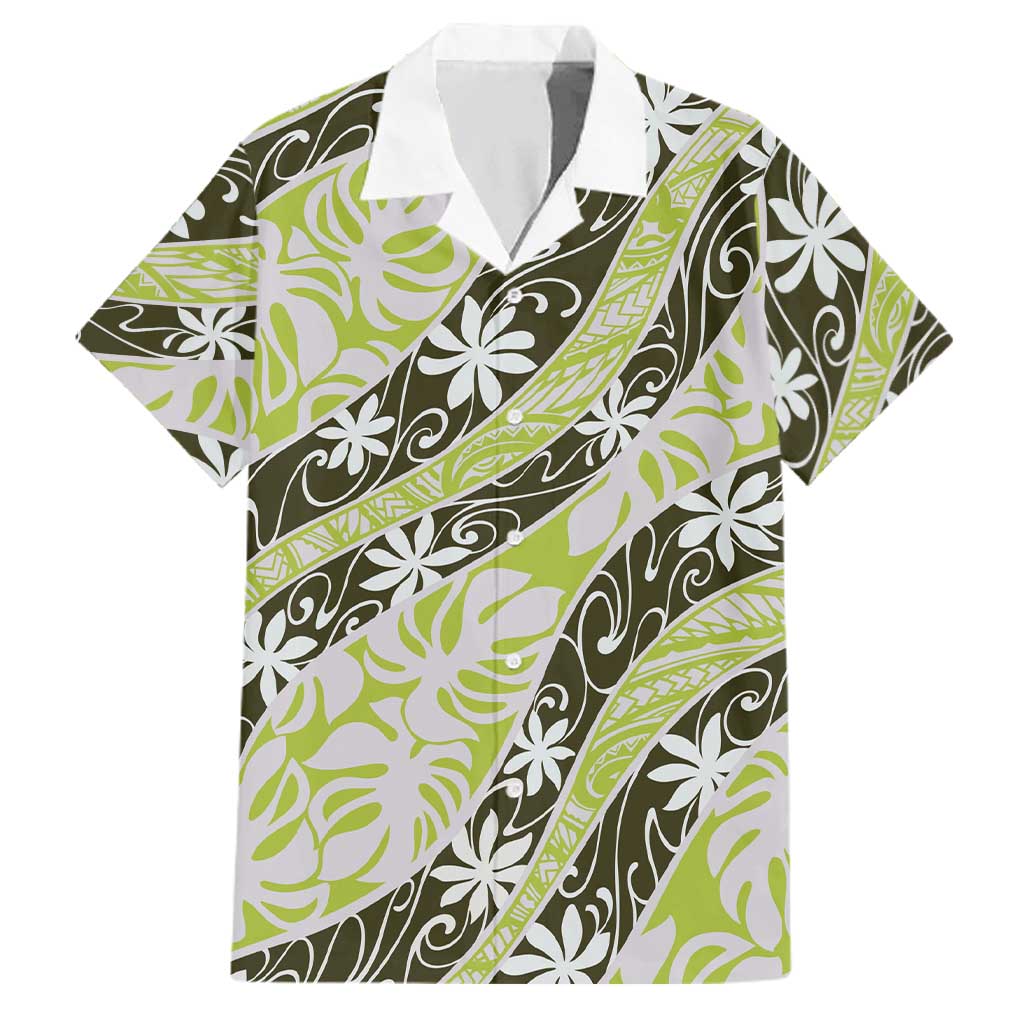 Olive Tahiti Tiare Monstera Family Matching Tank Maxi Dress and Hawaiian Shirt Polynesian Pattern Curve Style LT01 Dad's Shirt - Short Sleeve Olive - Polynesian Pride