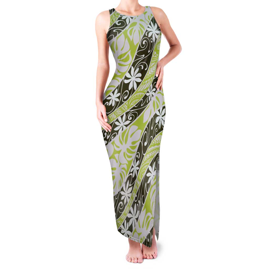 Olive Tahiti Tiare Monstera Family Matching Tank Maxi Dress and Hawaiian Shirt Polynesian Pattern Curve Style LT01 Mom's Dress Olive - Polynesian Pride