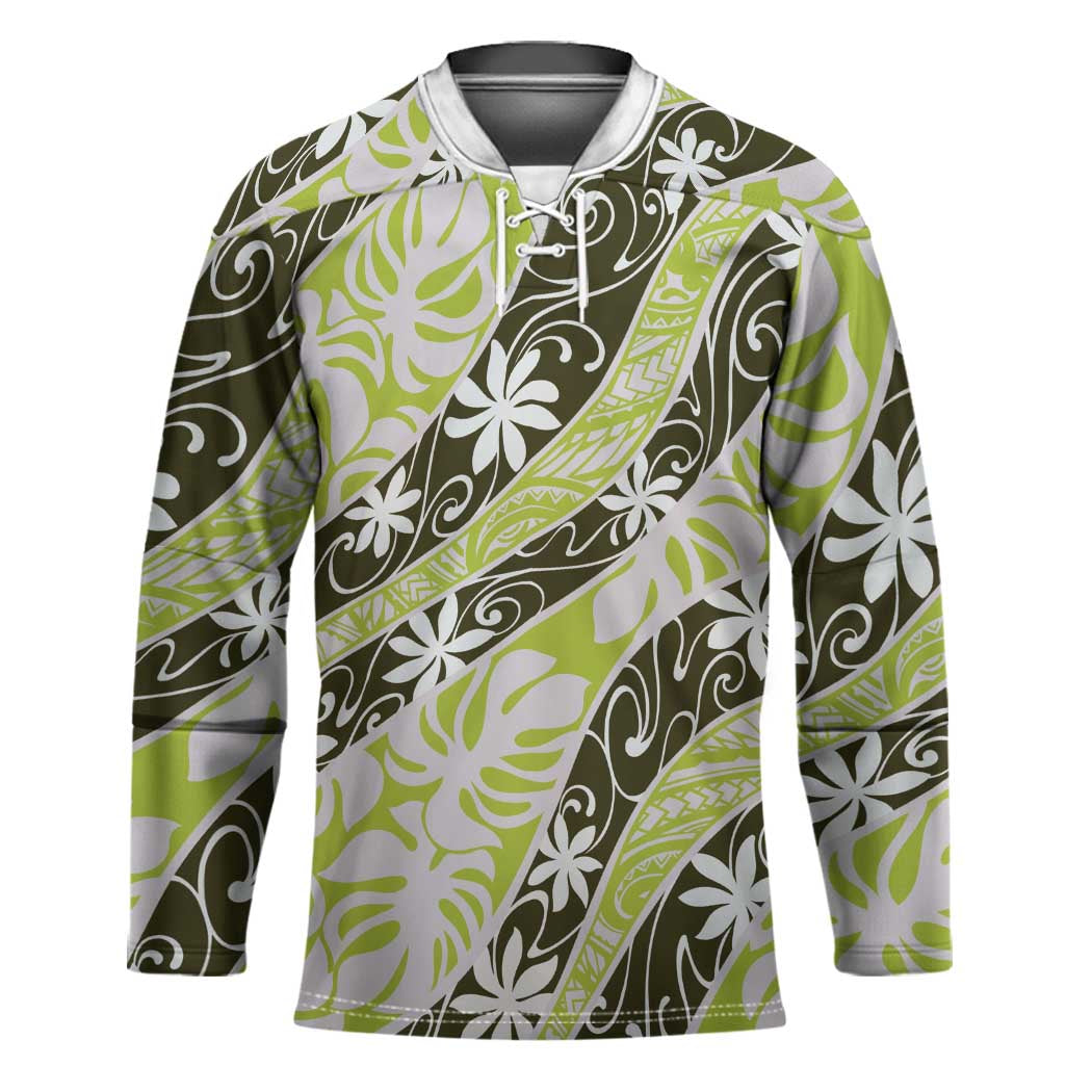 Olive Tahiti Tiare Monstera Hockey Jersey Polynesian Pattern Curve Style - Polynesian Pride