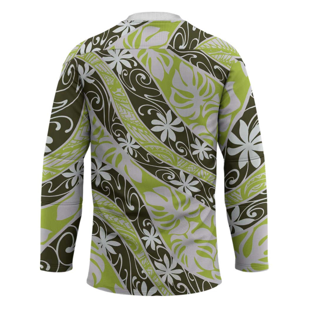 Olive Tahiti Tiare Monstera Hockey Jersey Polynesian Pattern Curve Style - Polynesian Pride