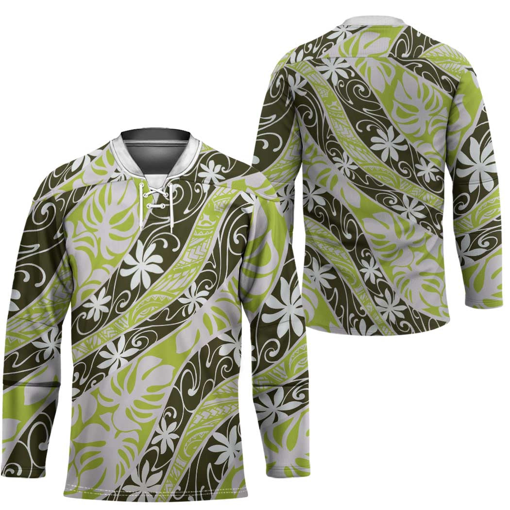 Olive Tahiti Tiare Monstera Hockey Jersey Polynesian Pattern Curve Style - Polynesian Pride