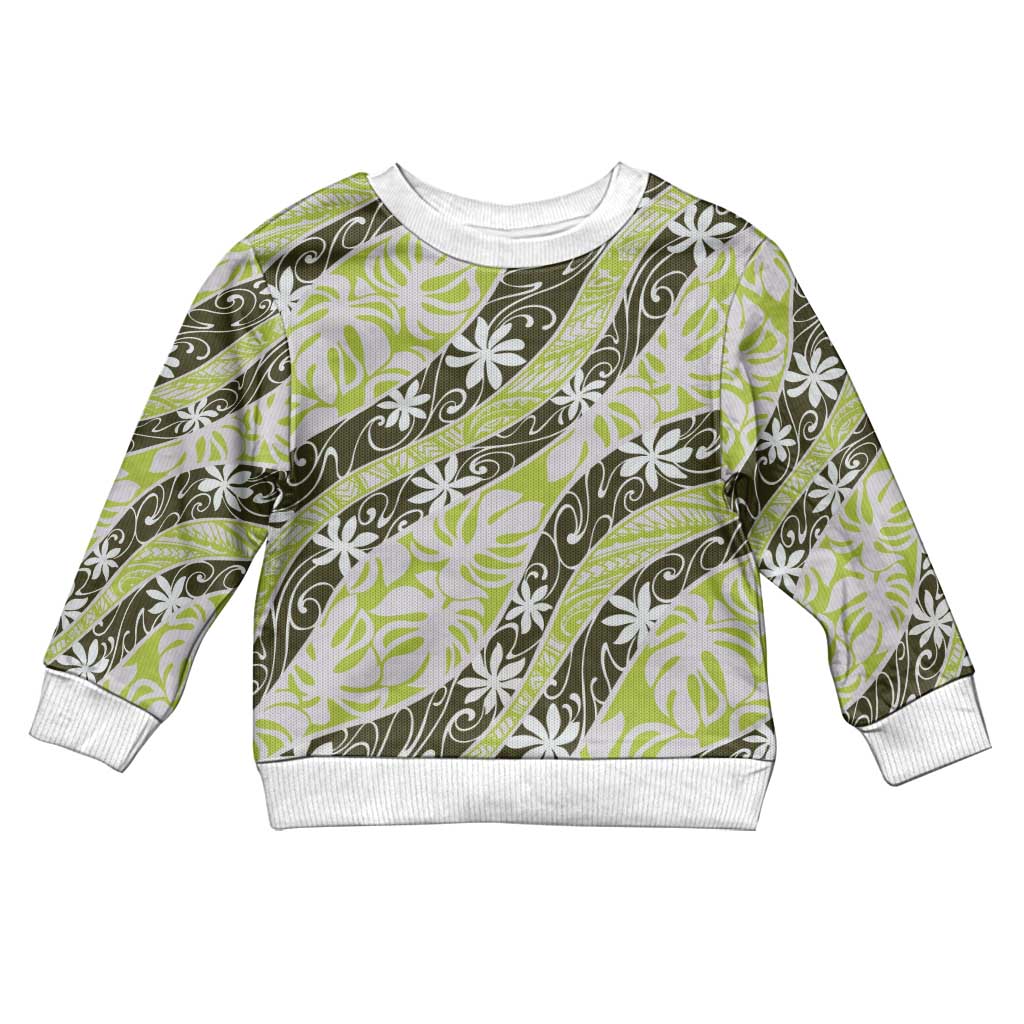 Olive Tahiti Tiare Monstera Kid Ugly Christmas Sweater Polynesian Pattern Curve Style LT01 Kid Olive - Polynesian Pride